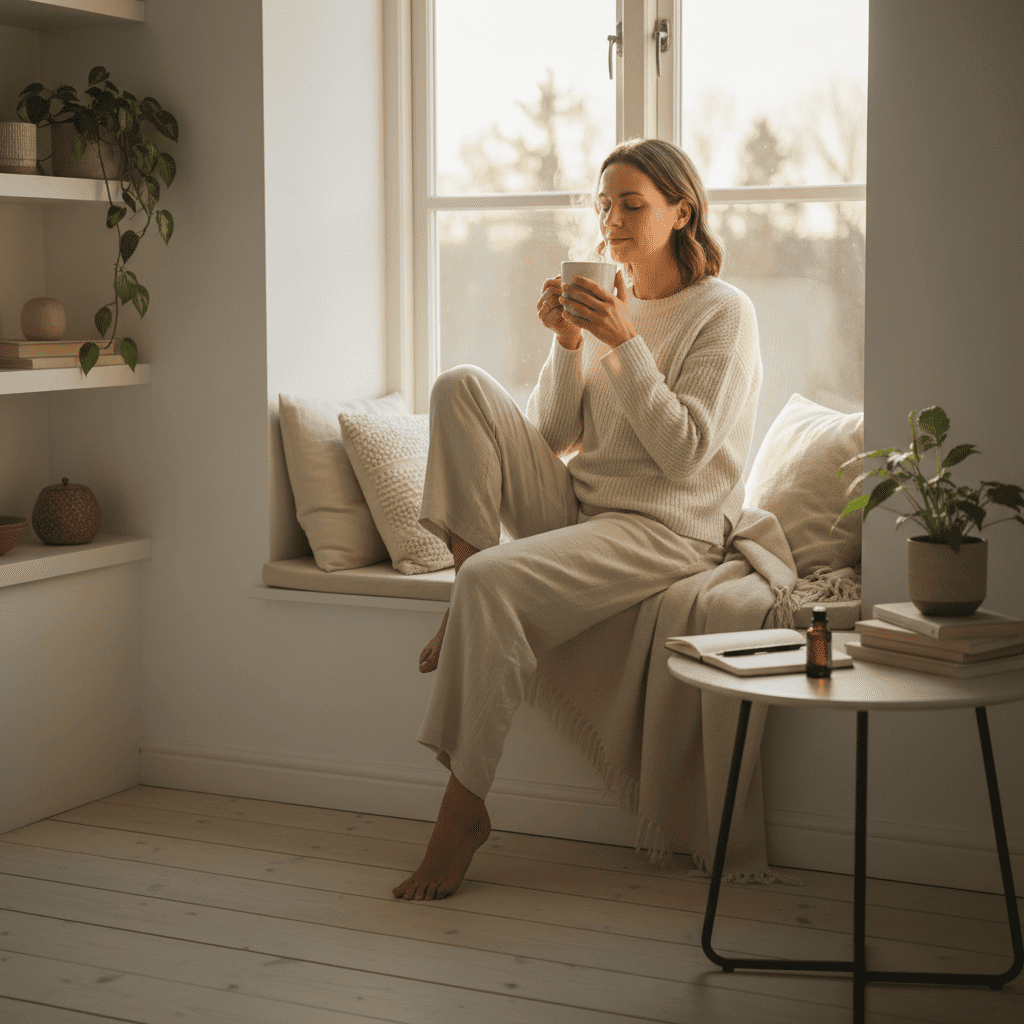 natural, warm and authentic lifestyle scene- a woman in her 30s sitting by a window 481503